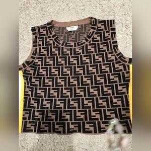 Fendi Brown & Black Monogram Knit Tank with Yellow Side Trim